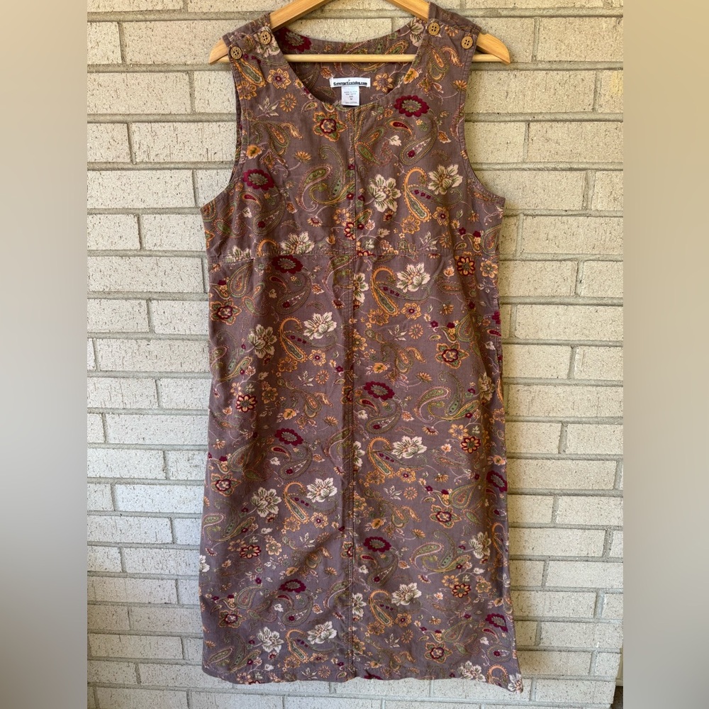 Vintage Corduroy Brown Paisley Floral Jumper, Midi Dress, Size Medium